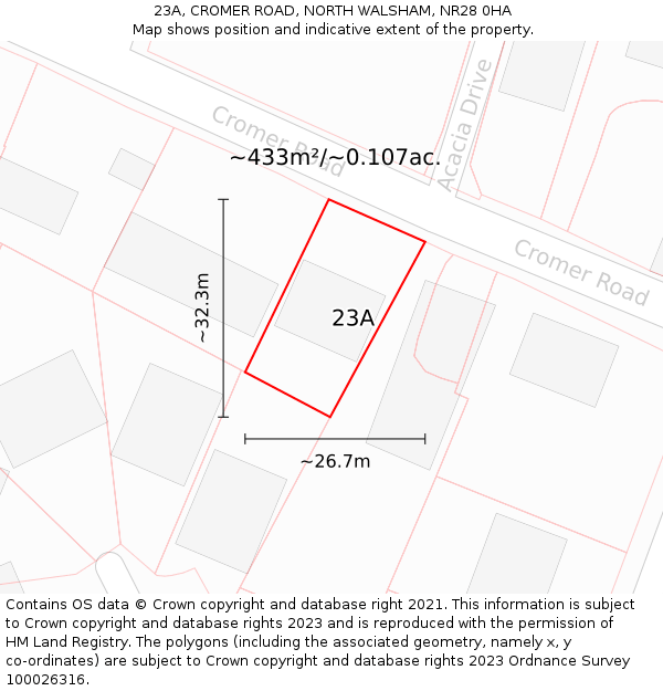 23A, CROMER ROAD, NORTH WALSHAM, NR28 0HA: Plot and title map