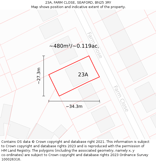 23A, FARM CLOSE, SEAFORD, BN25 3RY: Plot and title map