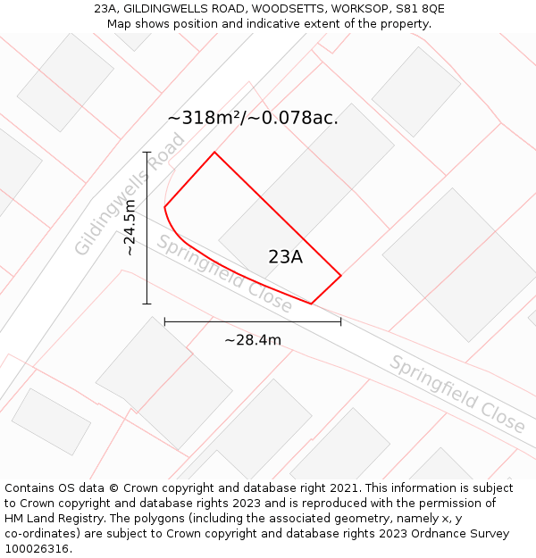 23A, GILDINGWELLS ROAD, WOODSETTS, WORKSOP, S81 8QE: Plot and title map