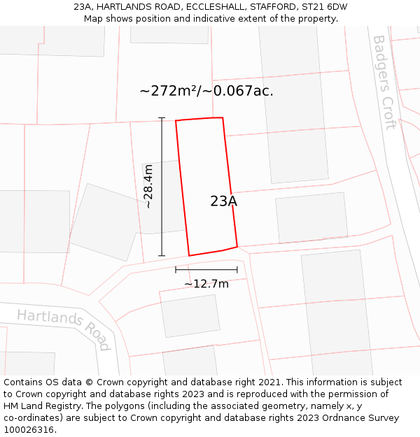 23A, HARTLANDS ROAD, ECCLESHALL, STAFFORD, ST21 6DW: Plot and title map