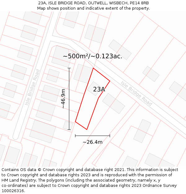 23A, ISLE BRIDGE ROAD, OUTWELL, WISBECH, PE14 8RB: Plot and title map