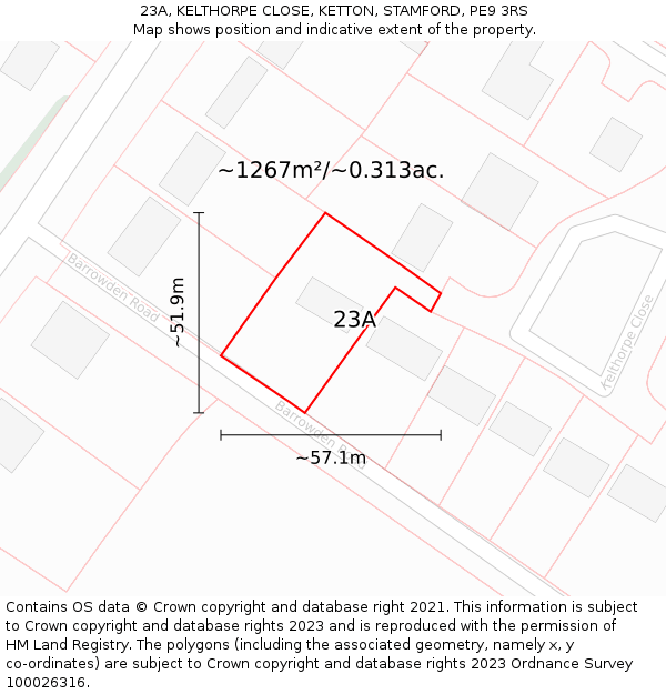 23A, KELTHORPE CLOSE, KETTON, STAMFORD, PE9 3RS: Plot and title map