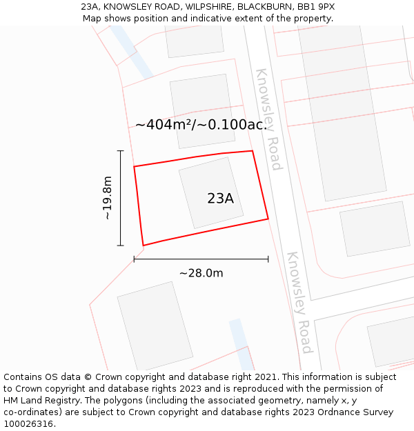 23A, KNOWSLEY ROAD, WILPSHIRE, BLACKBURN, BB1 9PX: Plot and title map