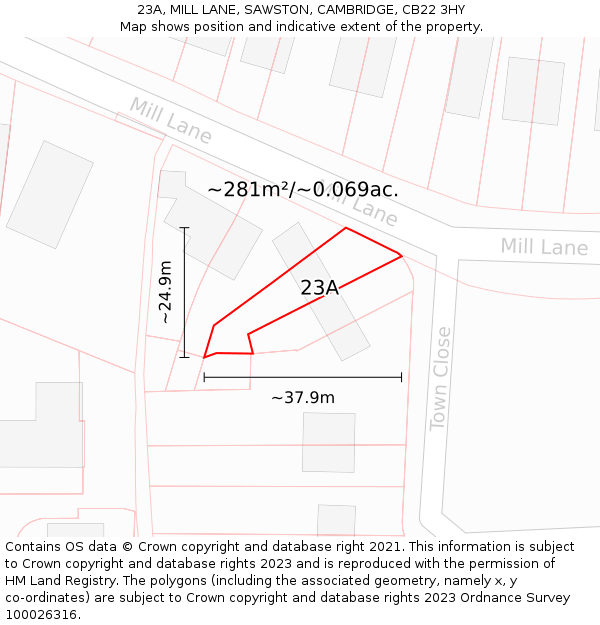 23A, MILL LANE, SAWSTON, CAMBRIDGE, CB22 3HY: Plot and title map