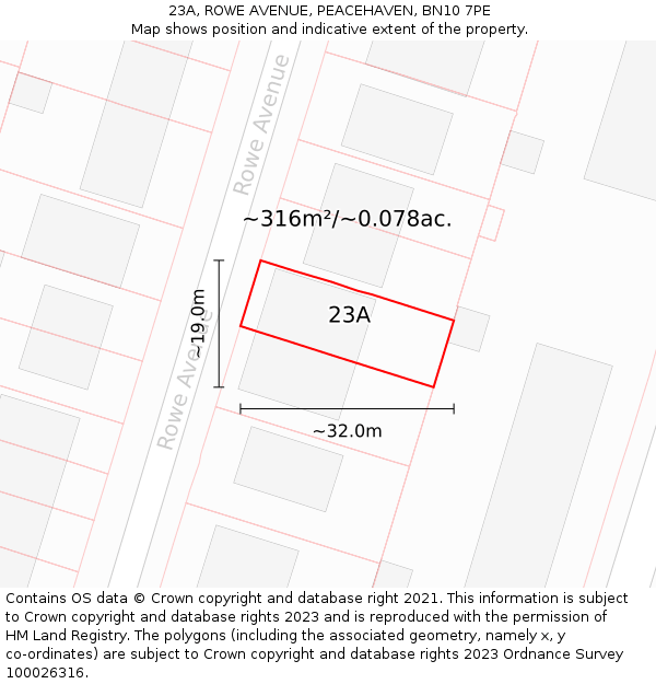 23A, ROWE AVENUE, PEACEHAVEN, BN10 7PE: Plot and title map