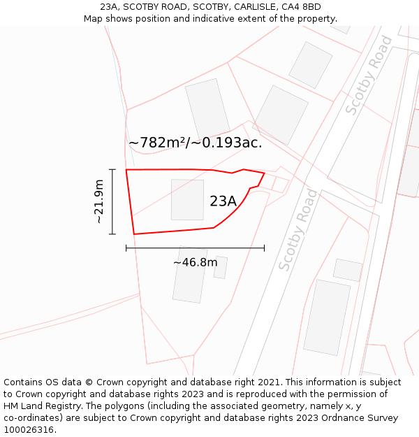 23A, SCOTBY ROAD, SCOTBY, CARLISLE, CA4 8BD: Plot and title map