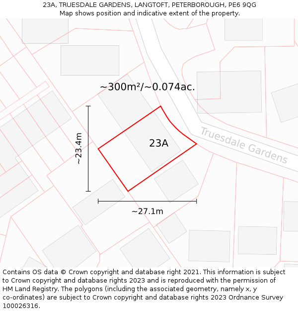 23A, TRUESDALE GARDENS, LANGTOFT, PETERBOROUGH, PE6 9QG: Plot and title map
