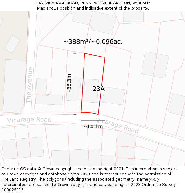 23A, VICARAGE ROAD, PENN, WOLVERHAMPTON, WV4 5HY: Plot and title map