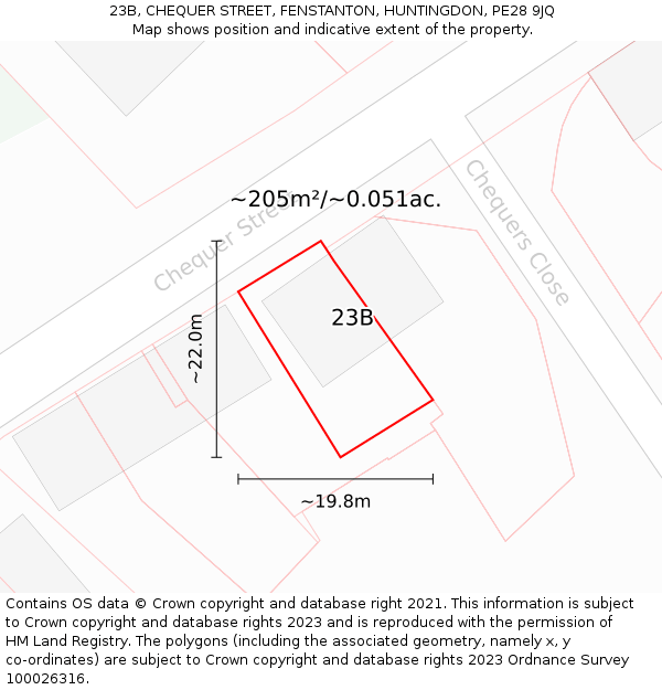 23B, CHEQUER STREET, FENSTANTON, HUNTINGDON, PE28 9JQ: Plot and title map