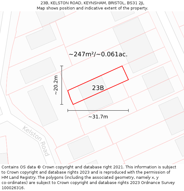 23B, KELSTON ROAD, KEYNSHAM, BRISTOL, BS31 2JL: Plot and title map