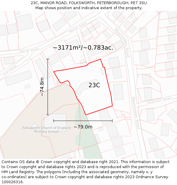 23C, MANOR ROAD, FOLKSWORTH, PETERBOROUGH, PE7 3SU: Plot and title map