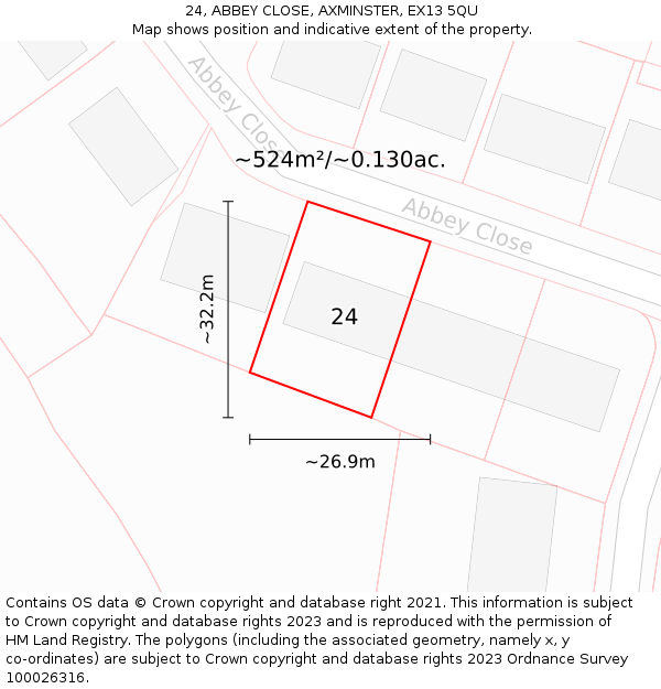 24, ABBEY CLOSE, AXMINSTER, EX13 5QU: Plot and title map