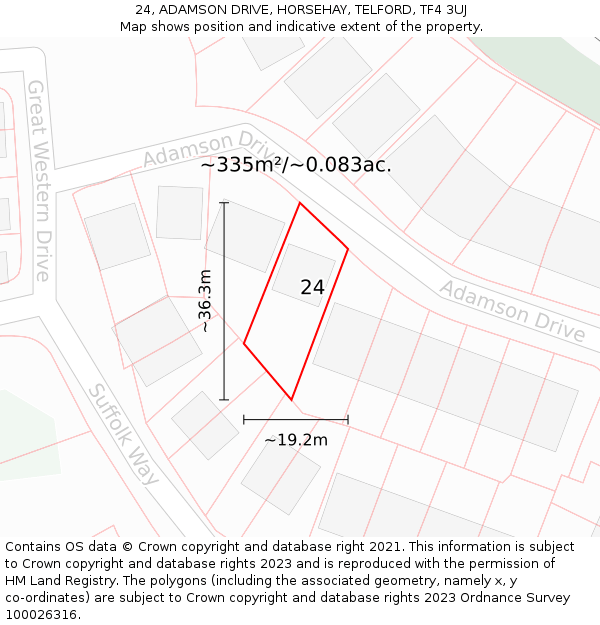 24, ADAMSON DRIVE, HORSEHAY, TELFORD, TF4 3UJ: Plot and title map