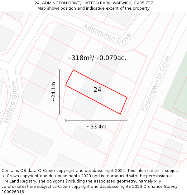 24, ADMINGTON DRIVE, HATTON PARK, WARWICK, CV35 7TZ: Plot and title map