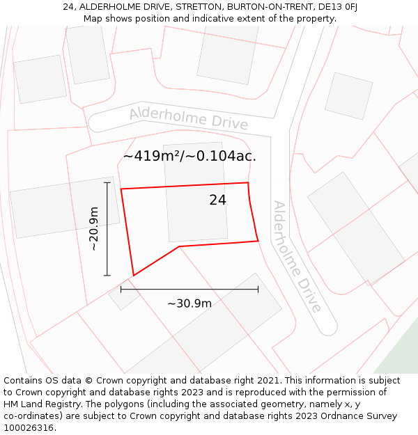 24, ALDERHOLME DRIVE, STRETTON, BURTON-ON-TRENT, DE13 0FJ: Plot and title map