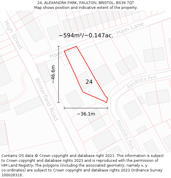 24, ALEXANDRA PARK, PAULTON, BRISTOL, BS39 7QT: Plot and title map