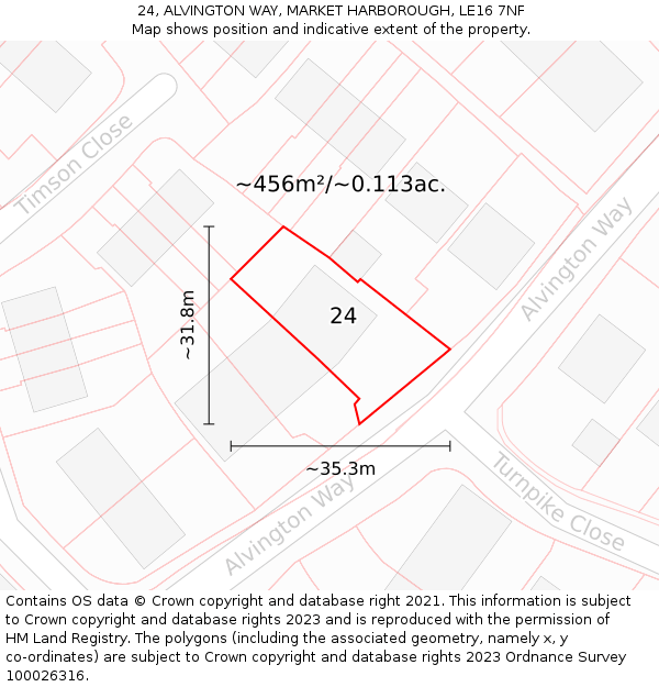 24, ALVINGTON WAY, MARKET HARBOROUGH, LE16 7NF: Plot and title map