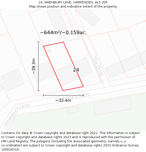 24, AMENBURY LANE, HARPENDEN, AL5 2DF: Plot and title map