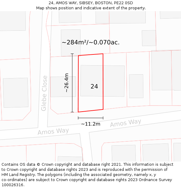 24, AMOS WAY, SIBSEY, BOSTON, PE22 0SD: Plot and title map