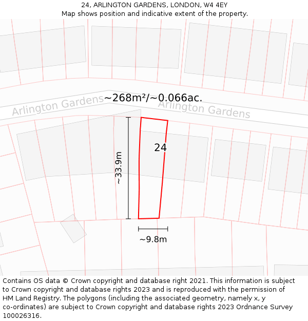 24, ARLINGTON GARDENS, LONDON, W4 4EY: Plot and title map