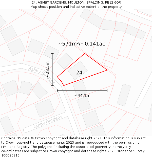 24, ASHBY GARDENS, MOULTON, SPALDING, PE12 6QR: Plot and title map