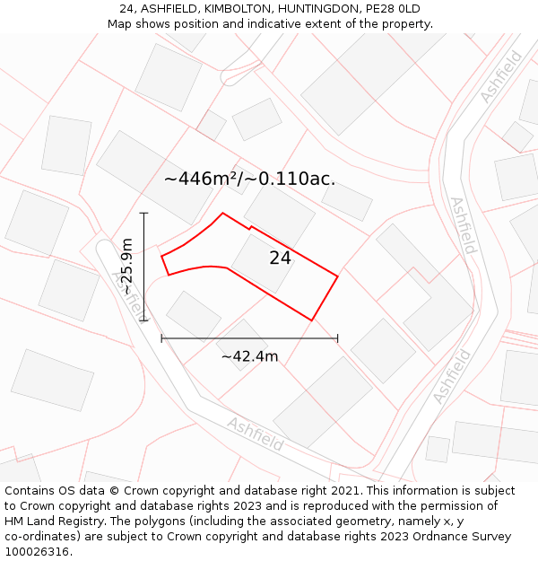 24, ASHFIELD, KIMBOLTON, HUNTINGDON, PE28 0LD: Plot and title map