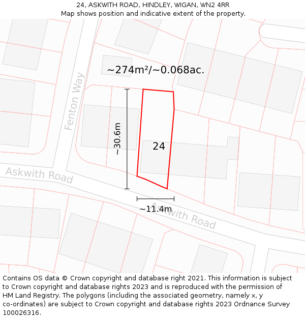 24, ASKWITH ROAD, HINDLEY, WIGAN, WN2 4RR: Plot and title map