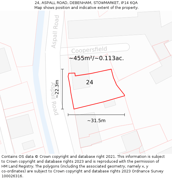 24, ASPALL ROAD, DEBENHAM, STOWMARKET, IP14 6QA: Plot and title map