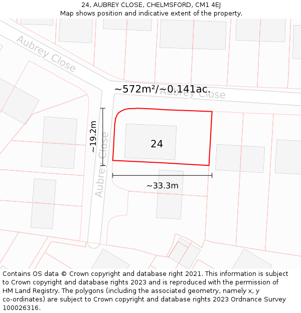 24, AUBREY CLOSE, CHELMSFORD, CM1 4EJ: Plot and title map