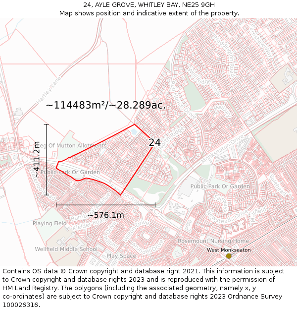 24, AYLE GROVE, WHITLEY BAY, NE25 9GH: Plot and title map