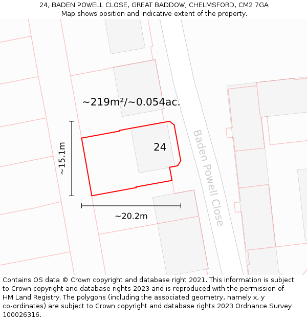 24, BADEN POWELL CLOSE, GREAT BADDOW, CHELMSFORD, CM2 7GA: Plot and title map