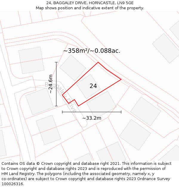 24, BAGGALEY DRIVE, HORNCASTLE, LN9 5GE: Plot and title map