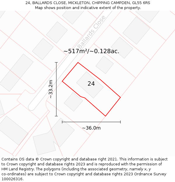 24, BALLARDS CLOSE, MICKLETON, CHIPPING CAMPDEN, GL55 6RS: Plot and title map