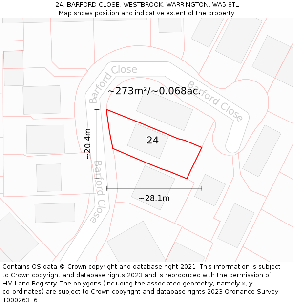 24, BARFORD CLOSE, WESTBROOK, WARRINGTON, WA5 8TL: Plot and title map