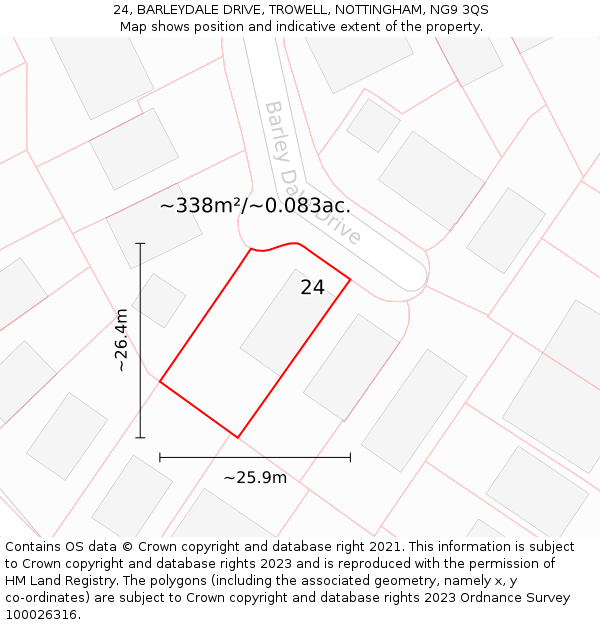 24, BARLEYDALE DRIVE, TROWELL, NOTTINGHAM, NG9 3QS: Plot and title map