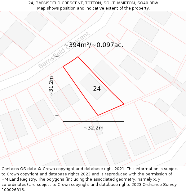 24, BARNSFIELD CRESCENT, TOTTON, SOUTHAMPTON, SO40 8BW: Plot and title map