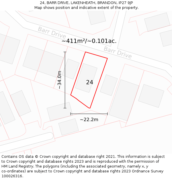 24, BARR DRIVE, LAKENHEATH, BRANDON, IP27 9JP: Plot and title map