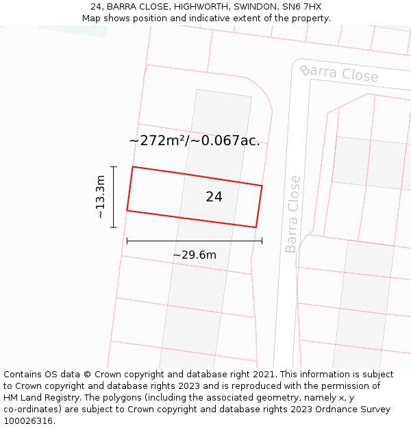 24, BARRA CLOSE, HIGHWORTH, SWINDON, SN6 7HX: Plot and title map