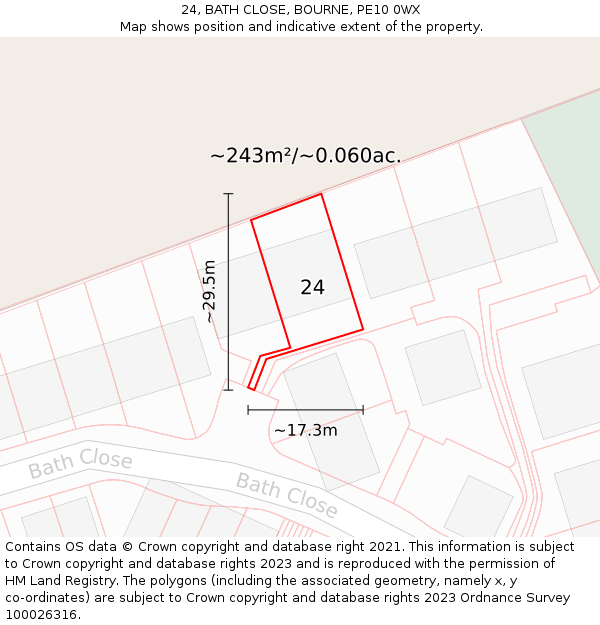 24, BATH CLOSE, BOURNE, PE10 0WX: Plot and title map