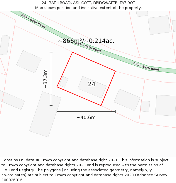 24, BATH ROAD, ASHCOTT, BRIDGWATER, TA7 9QT: Plot and title map