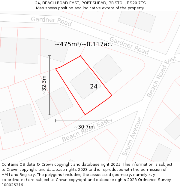 24, BEACH ROAD EAST, PORTISHEAD, BRISTOL, BS20 7ES: Plot and title map