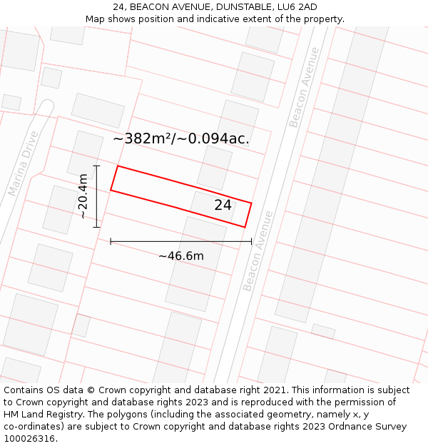 24, BEACON AVENUE, DUNSTABLE, LU6 2AD: Plot and title map