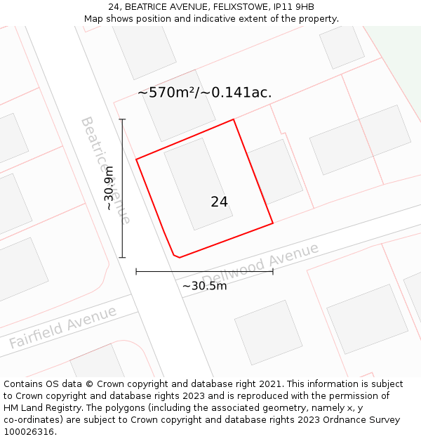 24, BEATRICE AVENUE, FELIXSTOWE, IP11 9HB: Plot and title map