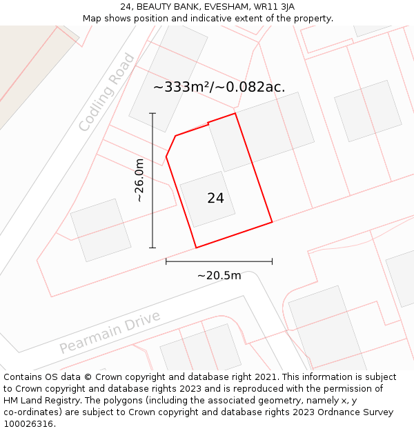 24, BEAUTY BANK, EVESHAM, WR11 3JA: Plot and title map