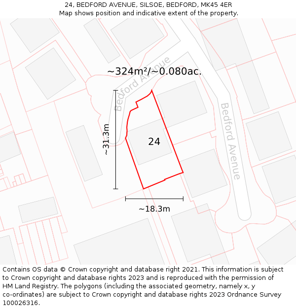 24, BEDFORD AVENUE, SILSOE, BEDFORD, MK45 4ER: Plot and title map