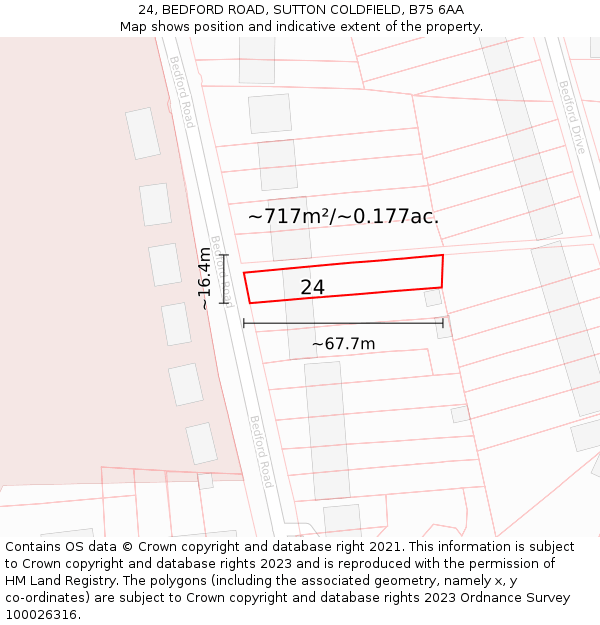 24, BEDFORD ROAD, SUTTON COLDFIELD, B75 6AA: Plot and title map