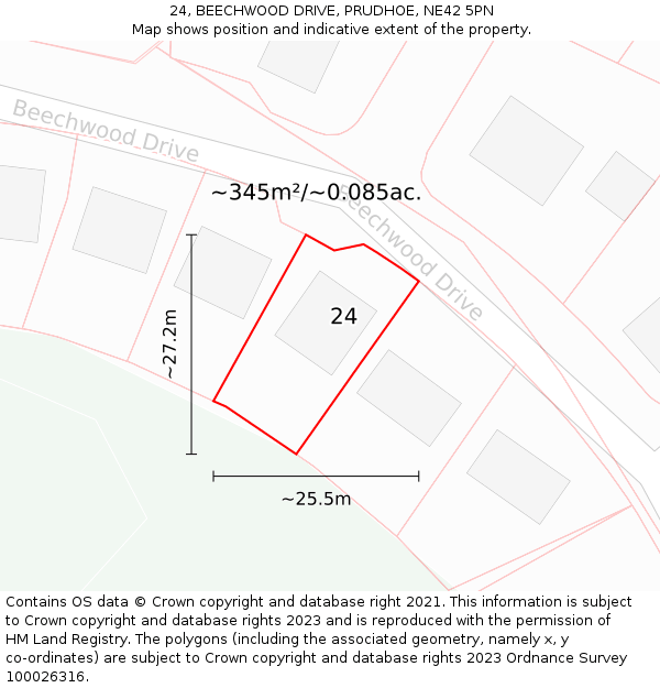 24, BEECHWOOD DRIVE, PRUDHOE, NE42 5PN: Plot and title map