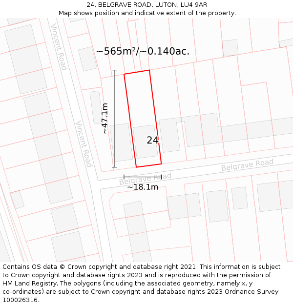 24, BELGRAVE ROAD, LUTON, LU4 9AR: Plot and title map