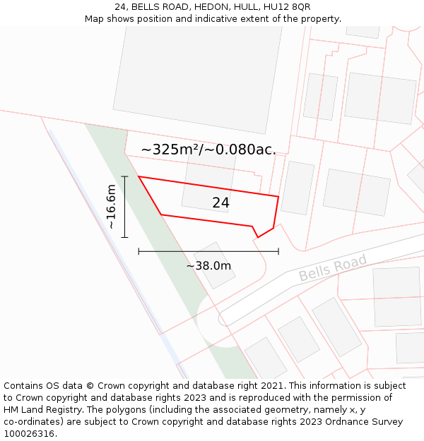 24, BELLS ROAD, HEDON, HULL, HU12 8QR: Plot and title map