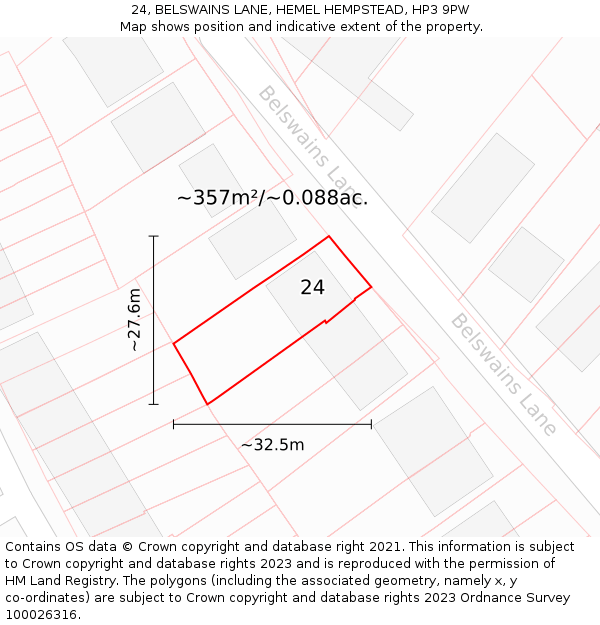 24, BELSWAINS LANE, HEMEL HEMPSTEAD, HP3 9PW: Plot and title map